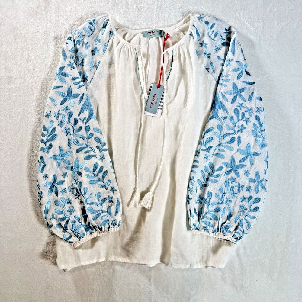 Voyageur by Mersea Embroidered Linen Top Sz M Peasant Boho Festival Euro Floral